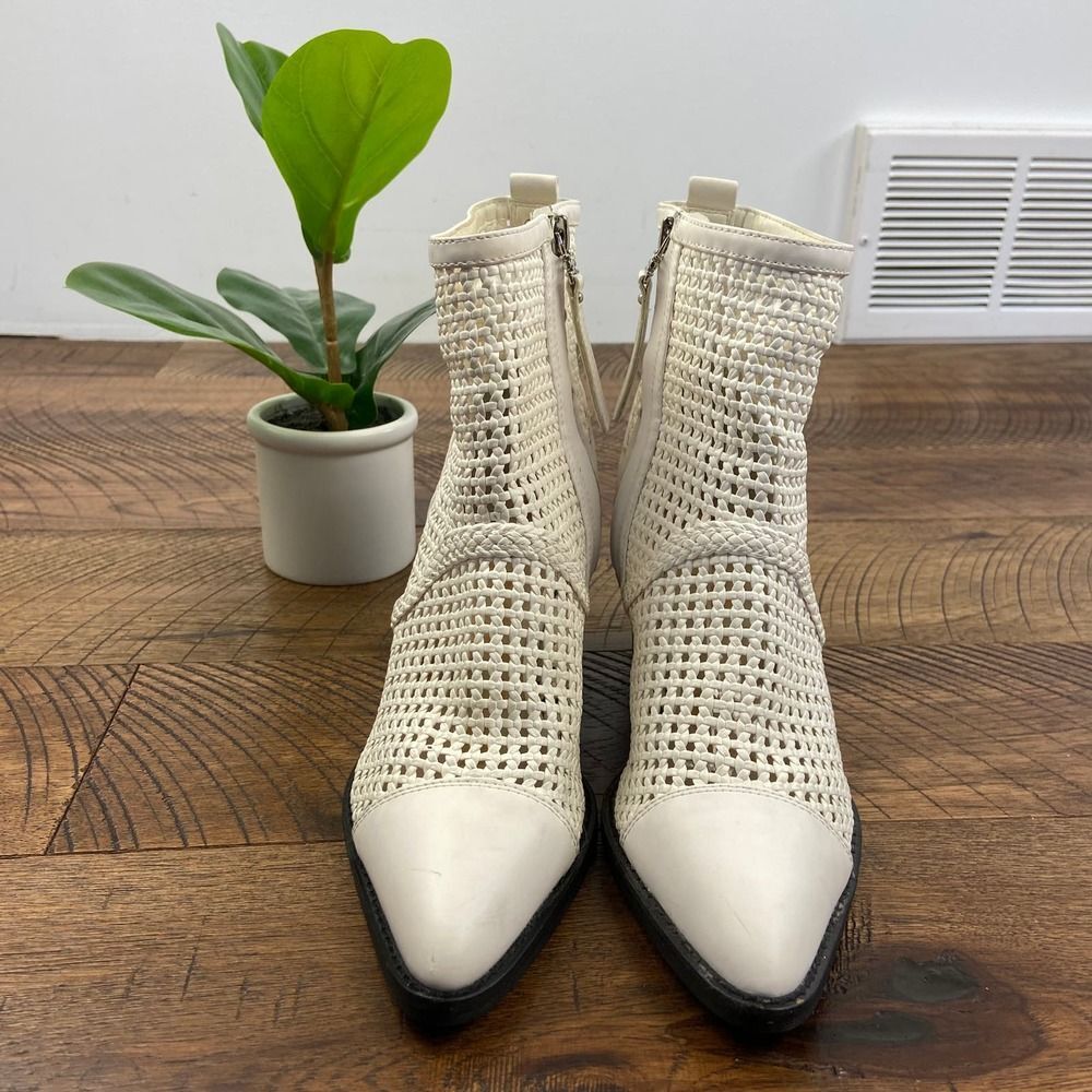 SAM EDELMAN 7 Womens Elita White Woven Leather Heeled Almond Toe Ankle Bootie - Picture 8 of 8